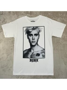 Justin Bieber Mens Portrait T-Shirt L White Short Sleeve Graphic Crew Neck NWOT